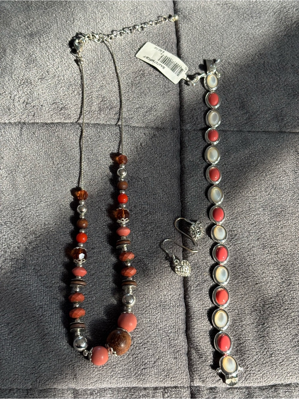 Coral wood necklace, sterling silver moonstone bracelet, silver heart earrings
